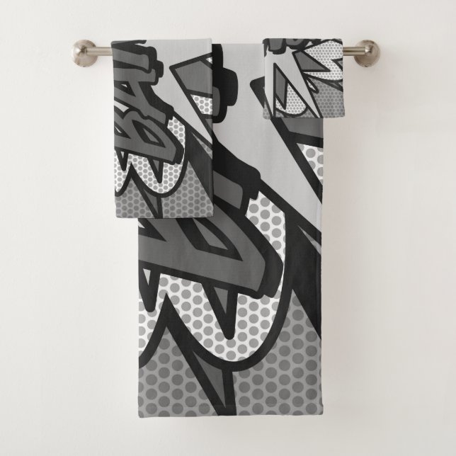 Black and White BANG Fun Retro Comic Book Pop Art Bath Towel Set (Insitu)
