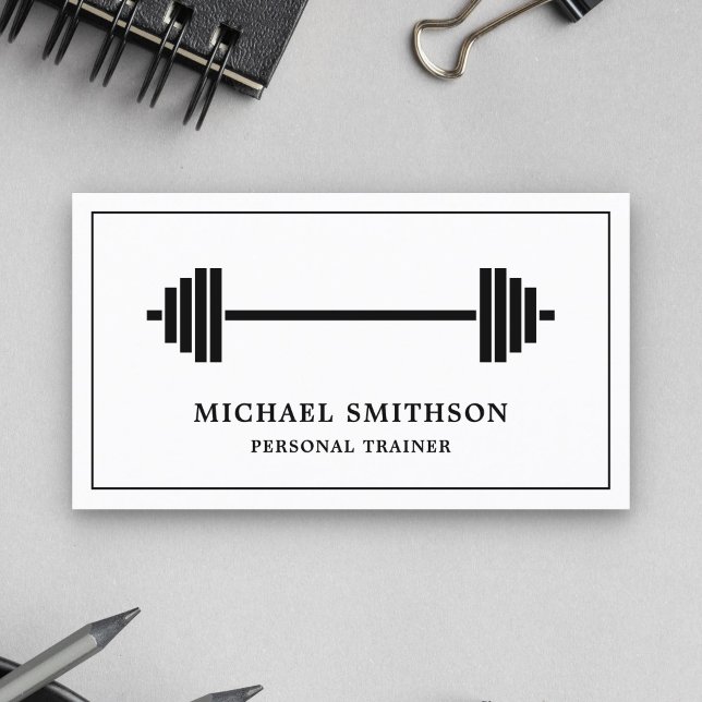 Black and White Barbell Fitness Personal Trainer Business Card (Creator Uploaded)