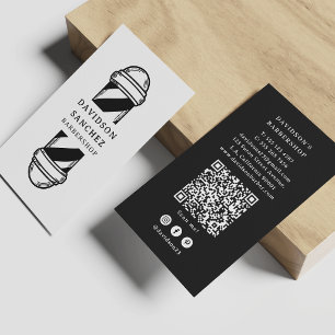 Black and White Barbershop QR Code & Social Media Business Card