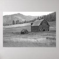 Black and white barn landscape poster