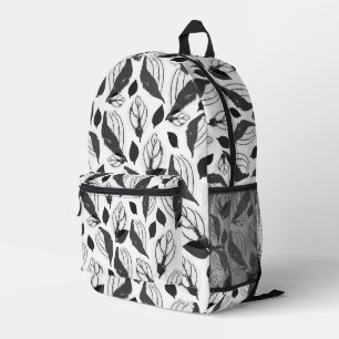 Black and White Basil Leaf Pattern Printed Backpack