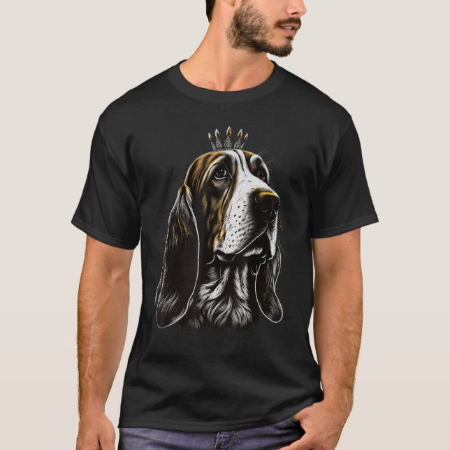 Black and White Basset Hound Dog on Crown Basset H T-Shirt (Front)