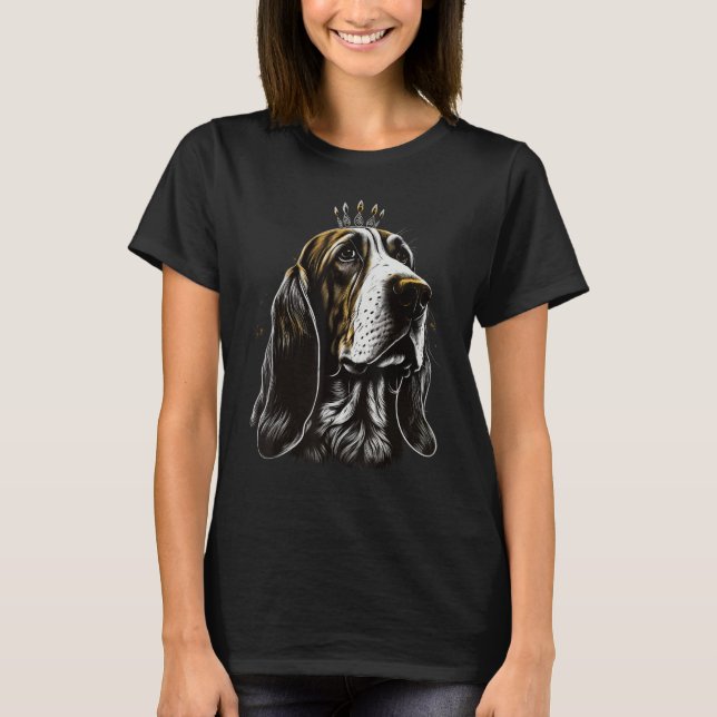 Black and White Basset Hound Dog on Crown Basset H T-Shirt (Front)