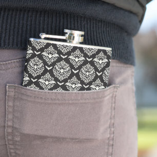 Black and White Bat Damask Hip Flask