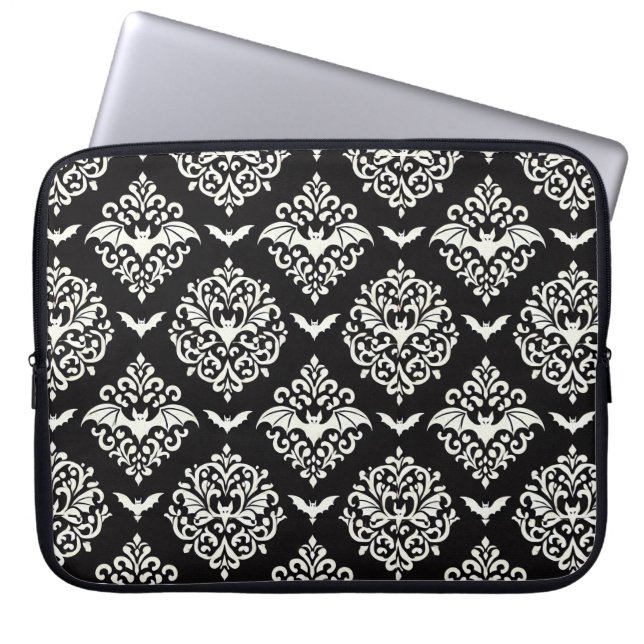 Black and White Bat Damask Laptop Sleeve (Front)