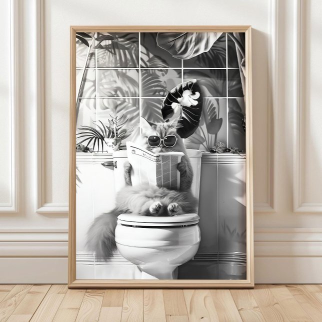 Black and White Bathroom Cat Print, Funny Posters, Poster (Creator Uploaded)