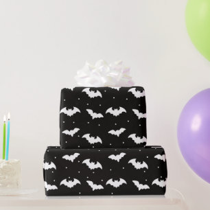 Black and White Bats Black Halloween Wrapping Paper