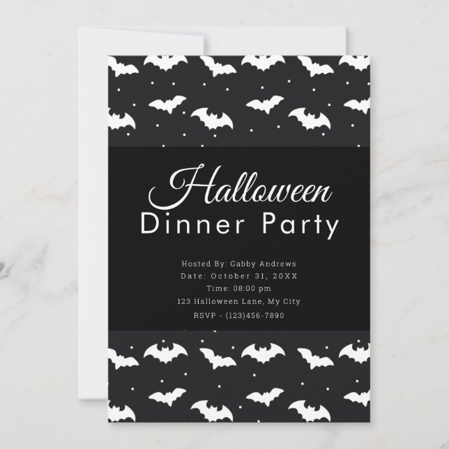 Black and White Bats Halloween Dinner Party Invitation (Front)