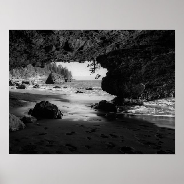 Black and White Beach Cave Poster (Front)
