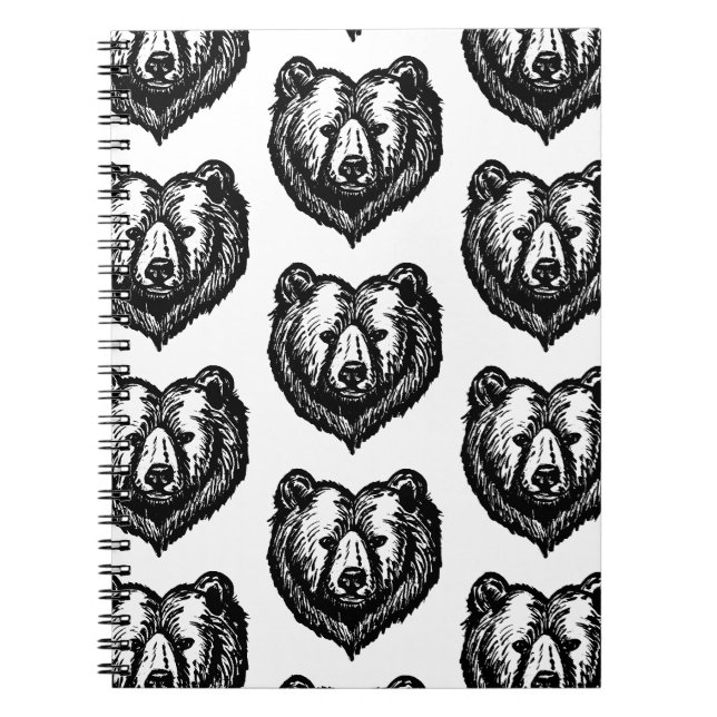 Black and White Bear's Face Ink Drawing Notebook (Front)