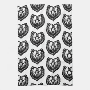 Black and White Bear's Face Ink Drawing Tea Towel