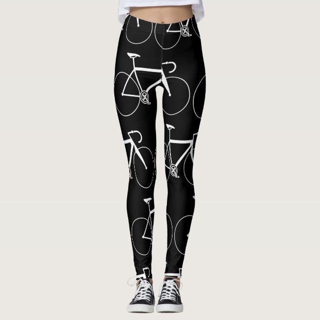 BLACK AND WHITE BICYCLE ICON PATTERN LEGGINGS (Front)