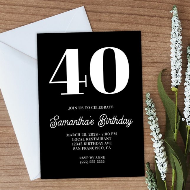 Black and White Big  Number 40th Birthday Invitation (Create your own bold number birthday invitation.)