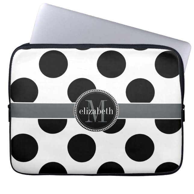 Black and White Big Polka Dots Monogram Laptop Sleeve (Front)