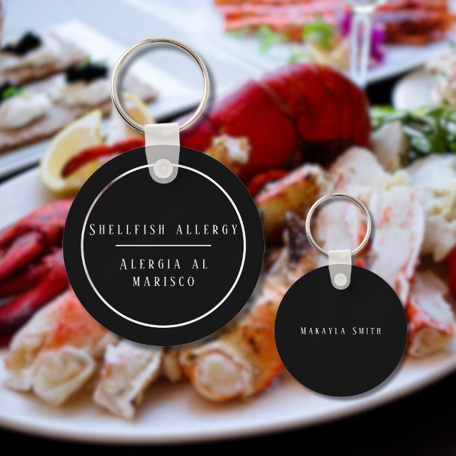 Black and White Bilingual Allergy to Shellfish Key Ring (Bilingual Shellfish allergy warning keychain, custom text, Spanish. Multilingual Project)