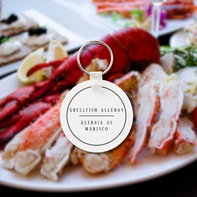 Black and White Bilingual Allergy to Shellfish Key Ring (Bilingual Shellfish allergy warning keychain, customizable name & text. multilingual project)