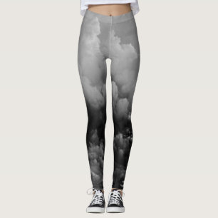 Black and white billowing clouds active wear yoga leggings