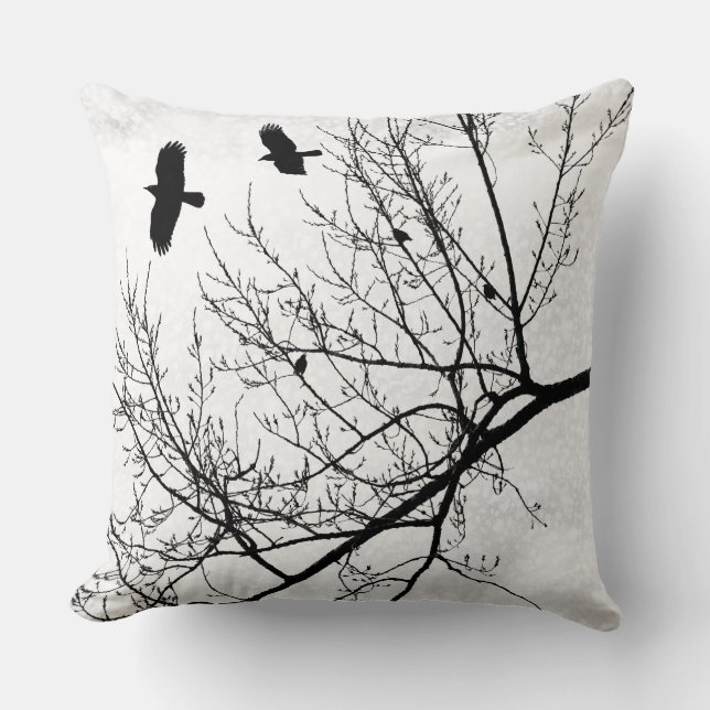 Black and White Bird Crow and Tree Silhouette Cushion (Front)
