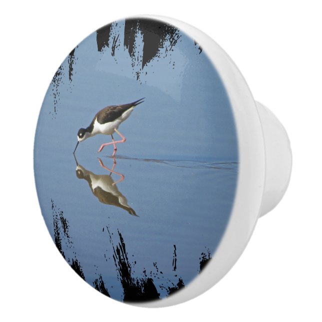 Black and White Bird Photo Blue Water Beach House Ceramic Knob (Right)
