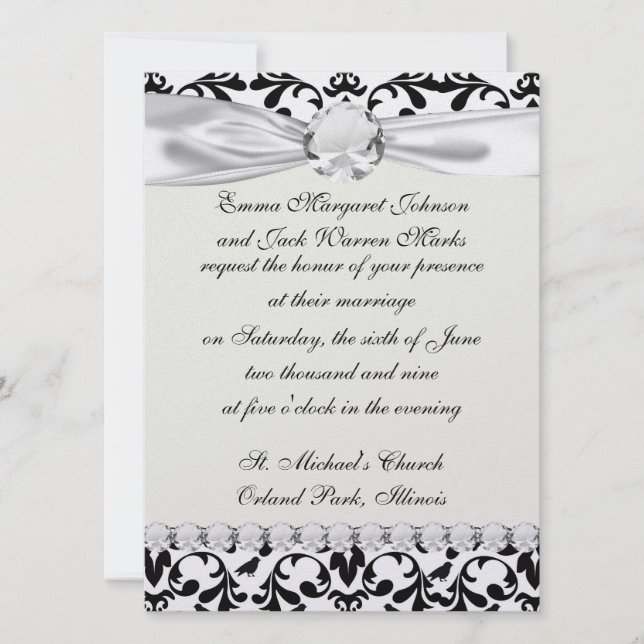 black and white birds intricate damask pattern invitation (Front)