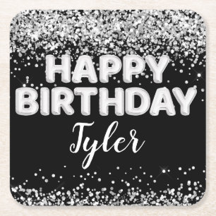 Black and White Birthday Party Square Paper Coaster