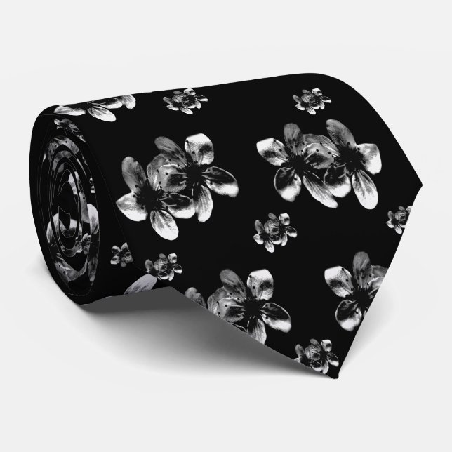 Black And White Blossom Pattern, Tie (Rolled)