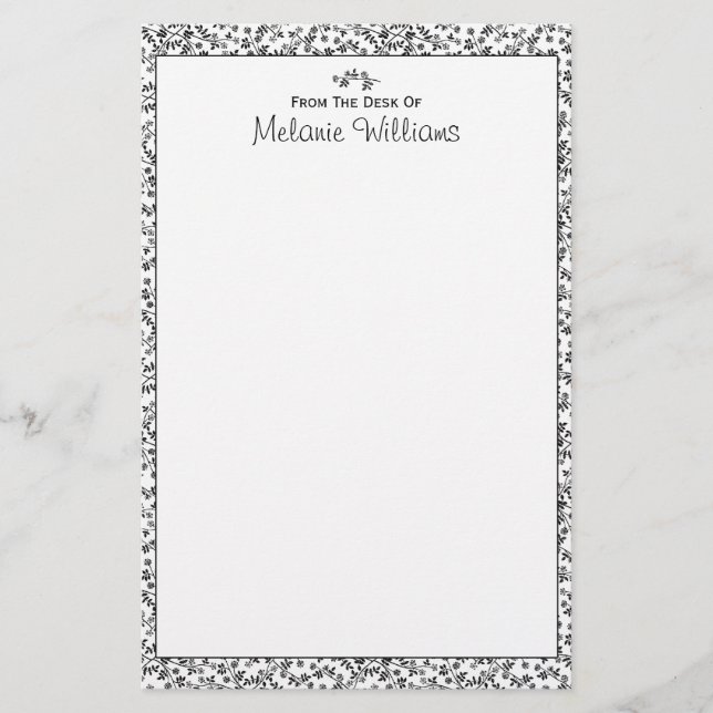 Black and White Blossoms Personalised Stationery (Front)