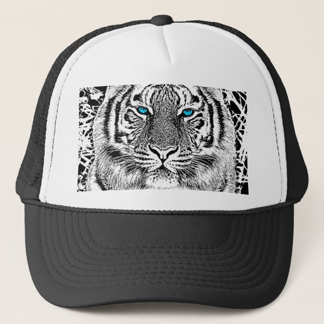 Black And White Blue Eyes Tiger Graphic Trucker Hat (Front)