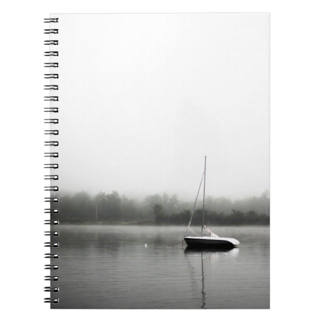 BLACK AND WHITE BOAT ON LAKE NOTEBOOK (Front)