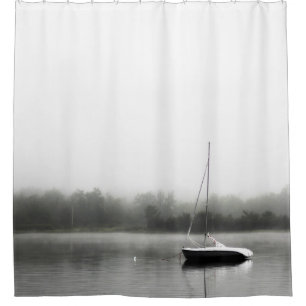 BLACK AND WHITE BOAT ON LAKE SHOWER CURTAIN