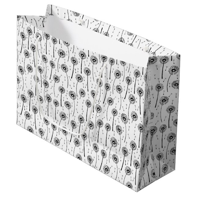 Black and white bohemian dandelions pattern large gift bag (Front Angled)