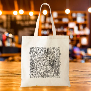 Black and White Boho Decorative Birds Pattern Tote Bag