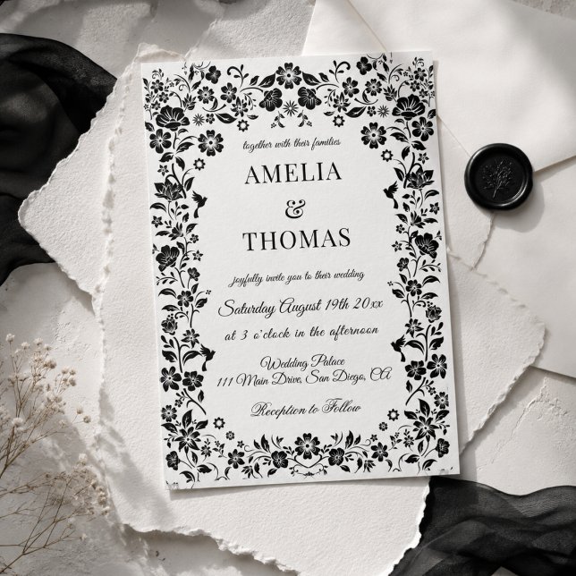 Black and White Boho Floral Wedding  Invitation (Creator Uploaded)