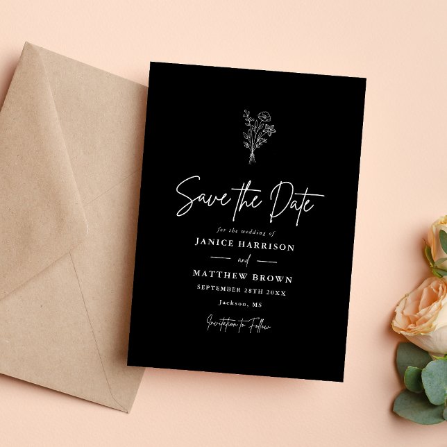 Black and White Boho Minimalist Botanicals Wedding Save The Date (Black and white boho botanical save the date adds timeless style while announcing your special day.)