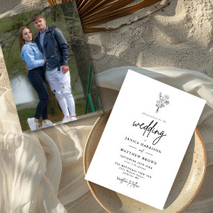 Black and White Boho Minimalist Photo Wedding Invitation