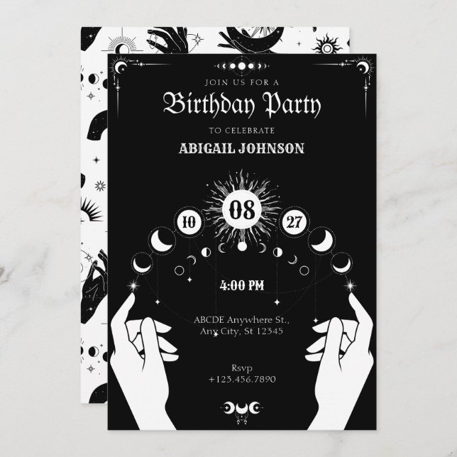 Black and white Boho Moon mystical hand birthday Invitation (Front/Back)