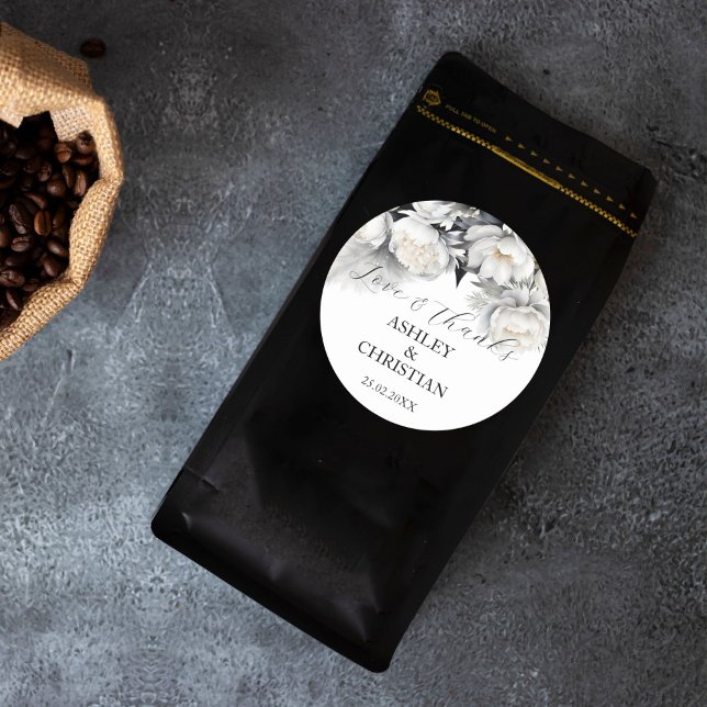 Black and white boho wedding favour thank you classic round sticker (Black and white boho wedding favor thank you sticker bride and groom names favor stickers)