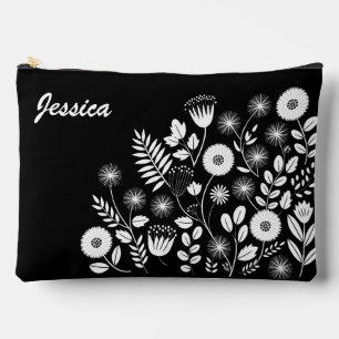 Black and White Boho Wildflower Accessory Pouch