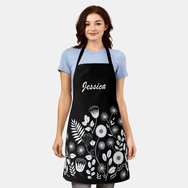 Black and White Boho Wildflower  Apron (Worn)