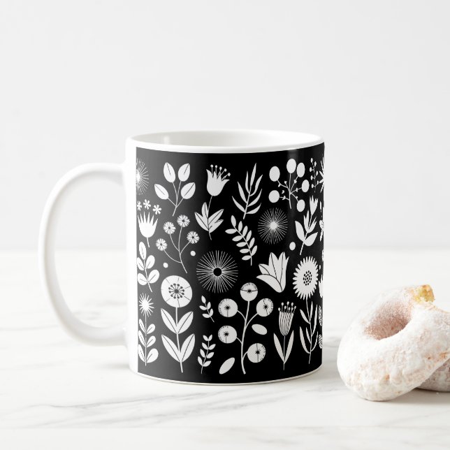 Black and White Boho Wildflower  Coffee Mug (With Donut)