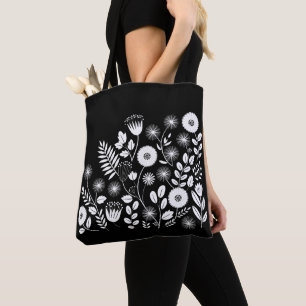 Black and White Boho Wildflower Tote Bag