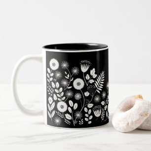 Black and White Boho Wildflower  Two-Tone Coffee Mug