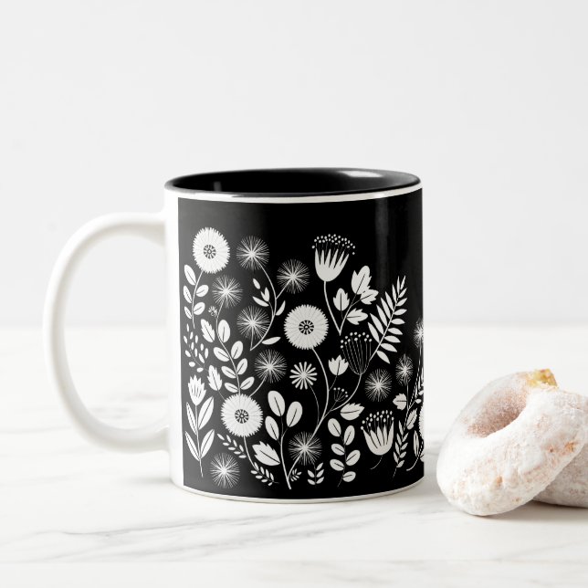 Black and White Boho Wildflower  Two-Tone Coffee Mug (With Donut)