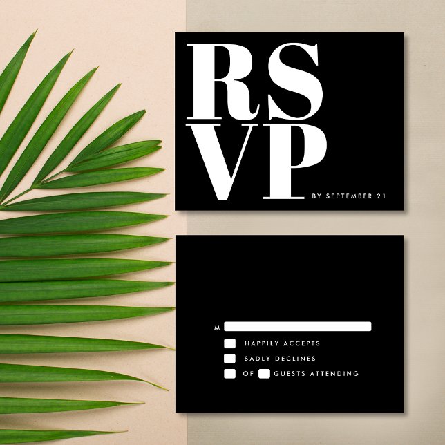 Black and White Bold Minimalist Simple Wedding RSVP Card (Front / Back)