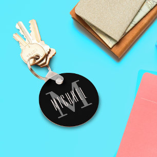 Black and White Bold Monogram Initial & First Name Key Ring
