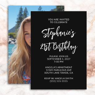 Black and White Bold Script Photo 21st Birthday Invitation