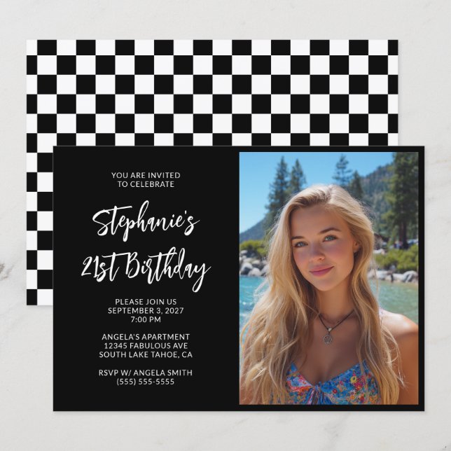 Black and White Bold Script Photo 21st Birthday Invitation (Front/Back)