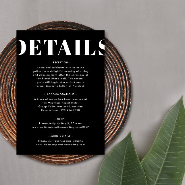 Black and White Bold Simple Modern Wedding Details Enclosure Card (Front)