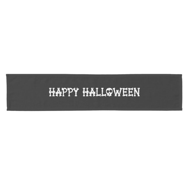 Black and White Bony Skull Happy Halloween Short Table Runner (Horizontal)