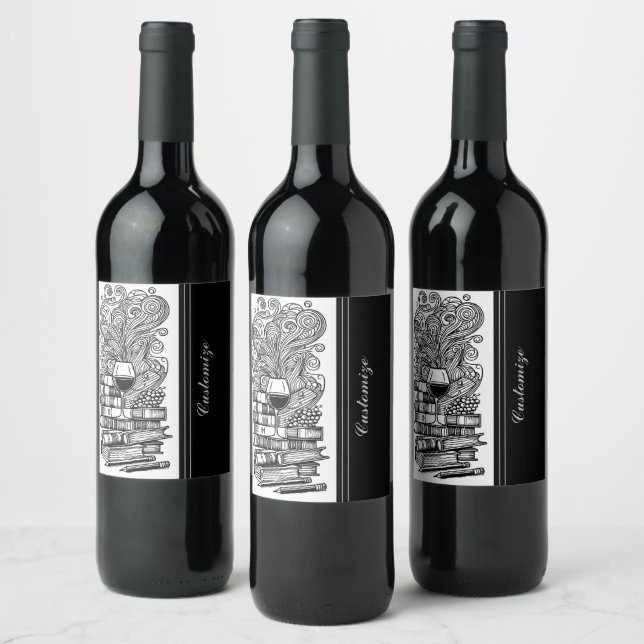 Black And White Books And Wine 2 Label (Bottles)